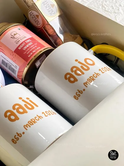 A detailed shot focusing on the custom text on the 'Aajo' mug. I ensure the printing is high-quality and beautifully designed.