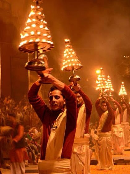 Welcome to Varanasi, the oldest city in the world. This image captures the spiritual energy of the Ganga Aarti ceremony on the ghats.