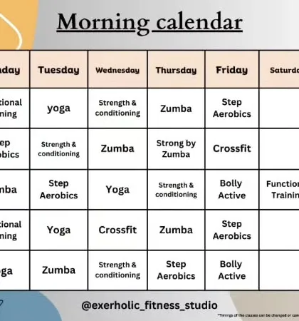 Here is our morning class calendar. We offer a wide variety of classes from 7 AM onwards, including Functional Training, Yoga, Zumba, and Step Aerobics to fit your schedule.