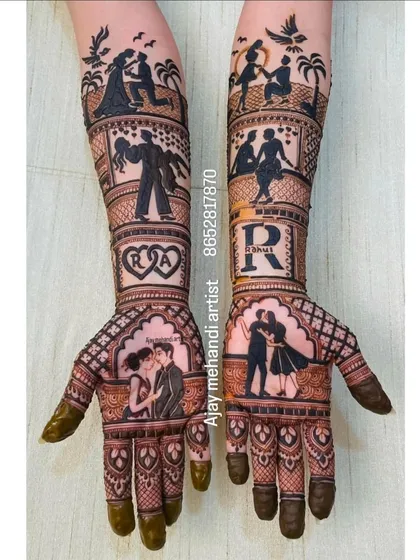 Your love story, illustrated. This custom design features multiple scenes from the couple's journey, from the proposal to dancing together, along with their initials for a truly personal touch.
