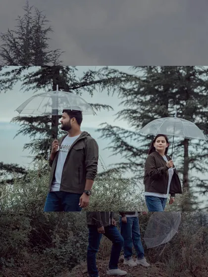 Here, we demonstrate how to use the muted colors and soft light of a cloudy day to your advantage. The focus is entirely on the couple's expressions and connection, with the evergreen trees providing a simple, textured background.