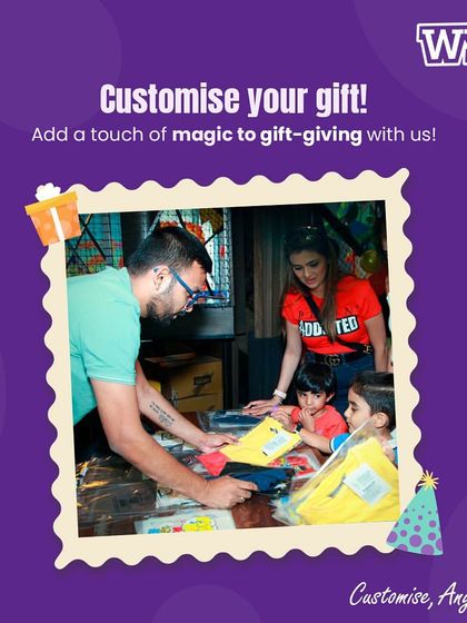 "Customise your gift! Add a touch of magic to gift-giving with us." An image showing the team helping customers with their custom orders.
