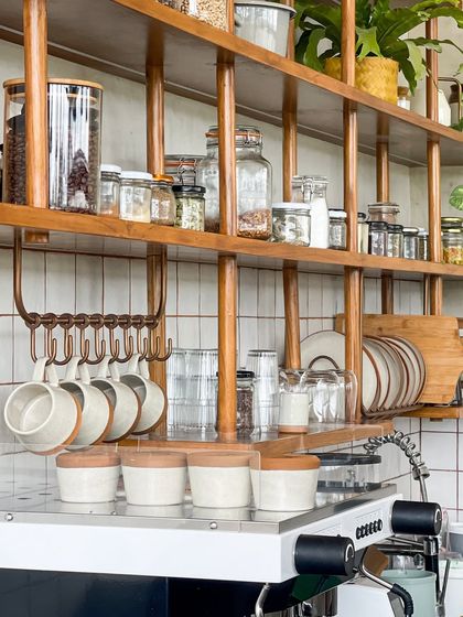 Our tableware on the shelves of a client's cafe. It's always a joy to see our pieces in their new home, being used and enjoyed every day.