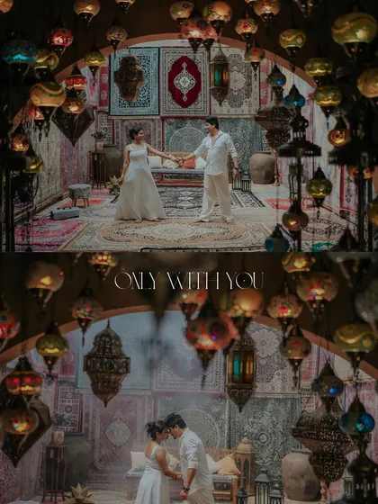 "Only with you." A dual-frame image capturing both a wide view of the lantern-filled room and an intimate close-up of the couple.