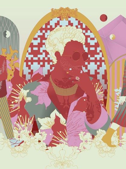 An illustration for the 'We/Us' theme, which explores the ungendering of identity and style. The flamboyant, confident figures and bold patterns celebrate freedom of expression and a departure from traditional norms.