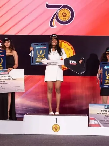 This is the result of dedication. Our student, Aditi Krishnan, stands proudly on the top step of the podium, crowned champion of the Petronas TVS Racing Apache RTR200 Girls 2022 series. We guide our racers to victory.