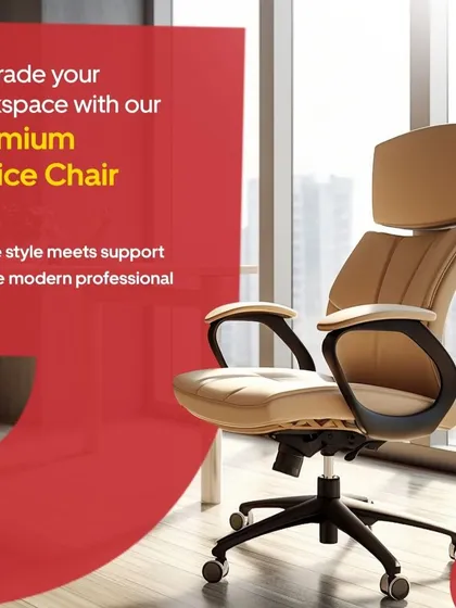 Here is our premium office chair, designed for the modern professional. Placed against a city view, this image highlights its sleek profile, supportive headrest, and ergonomic armrests that make it a perfect upgrade for any workspace.