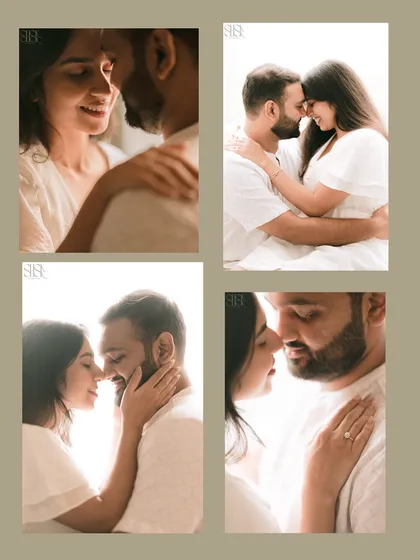 A collage of four intimate, close-up portraits from a studio session, each capturing a different nuance of the couple's tender connection.