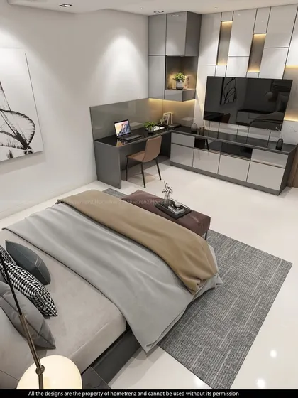 An overhead view of the master bedroom, showing the efficient use of space to include a bed, TV unit, and work desk.