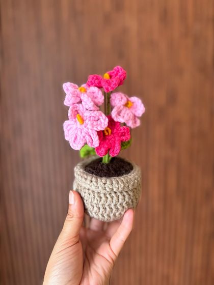 A sweet little pot of pink and fuchsia flowers. This is another one of our small, handcrafted potted plants that make for a perfect gift.