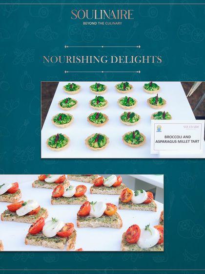 A collage of nourishing delights, from broccoli and asparagus millet tarts to Caprese bruschetta. Our health-focused catering proves that mindful eating can be gourmet.