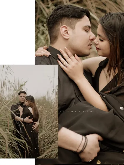 An intimate and romantic pre-wedding photo of a couple amidst tall, wild grass. The close-up composition and warm tones emphasize their connection and the natural, rustic setting.