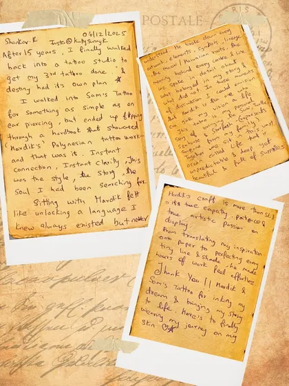Shankar's handwritten story, detailing how he found the soul he was searching for in Hardik's Polynesian art.