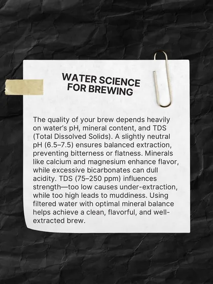 A "torn paper" graphic explaining the science of water for brewing. The right mineral balance is key to a clean, flavorful brew.