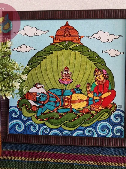 This 14x14 inch Ananthasayanam painting shows Lord Vishnu reclining on the serpent Ananta. It's a complex and symbolic piece, depicting the cosmic ocean and the creation of the universe, all within a traditional mural style.