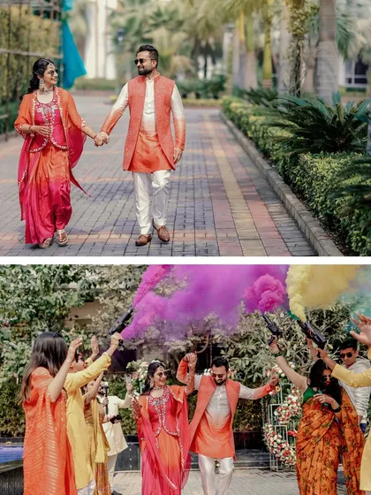 A collage showing the couple's entry with colored smoke, adding a dynamic and celebratory feel to their pre-wedding event.