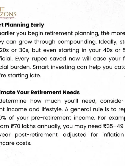 This slide from our bulletin details the first two steps of retirement planning. We explain the importance of starting early to leverage compounding and estimating future retirement needs based on current lifestyle.
