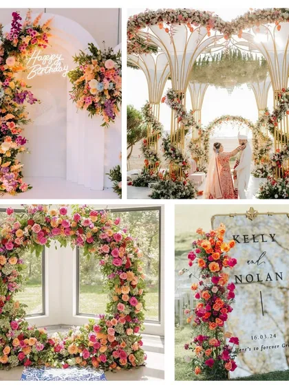 This collage demonstrates my versatility in floral and themed decor. It features a modern neon sign for a birthday, a grand pastel mandap, a full floral ring for a photo-op, and a personalized mirror welcome sign.