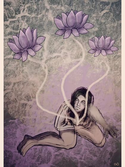 "Thought. Speech. Action." This digital artwork illustrates the three jewels of Buddhism, with lotuses emerging from the figure, representing purity and enlightenment.