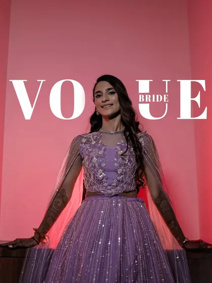 A modern, magazine-style portrait of the bride with a 'Vogue Bride' overlay, highlighting her fashionable lavender gown.
