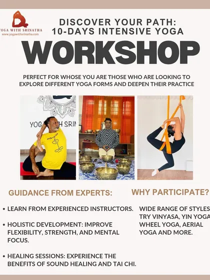 Discover your path with our 10-day intensive yoga workshop. This graphic details the wide range of styles offered, from Vinyasa and Yin to Aerial and Sound Healing.