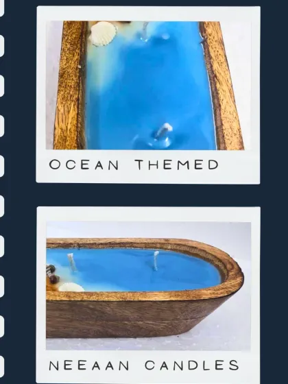 Another view of our ocean-themed candle, showing the calming blue wax and miniature seashells.