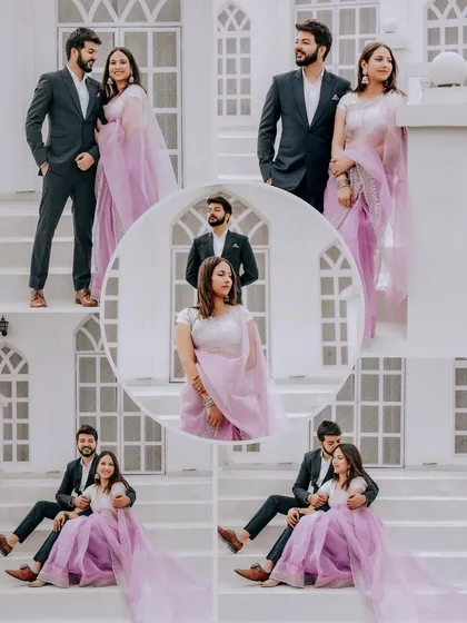This collage shows a couple posing on the steps of our modern white building. The architecture provides a clean, symmetrical, and elegant backdrop for a classic pre-wedding photoshoot.