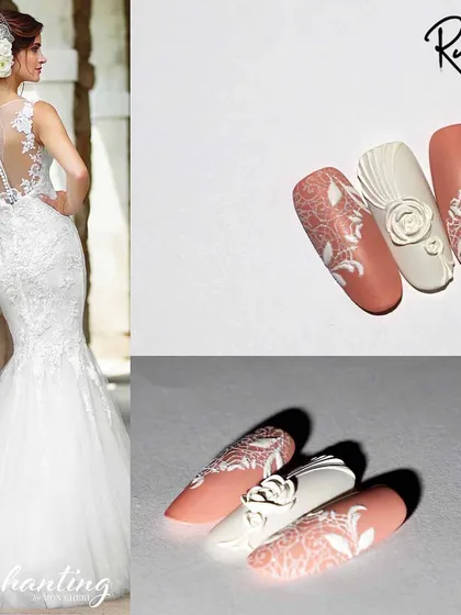 This nail art was inspired by the lace and texture of a wedding dress. I teach how to translate inspiration from fabric into beautiful bridal nail designs using 3D gel and stamping.