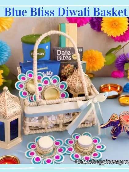 The 'Blue Bliss' Diwali basket is one of my most vibrant creations. It combines traditional elements like decorative diyas and lanterns with delicious snacks, all arranged in a beautiful, reusable rope basket for a truly unique festive gift.