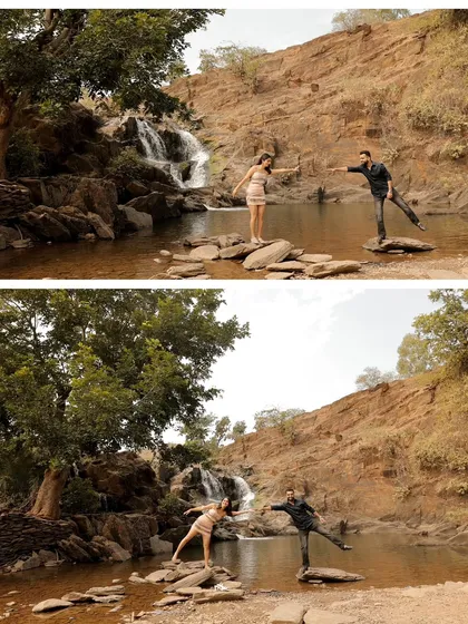 A diptych showing the couple having fun by a waterfall, balancing on rocks and sharing a playful moment in a beautiful natural setting.