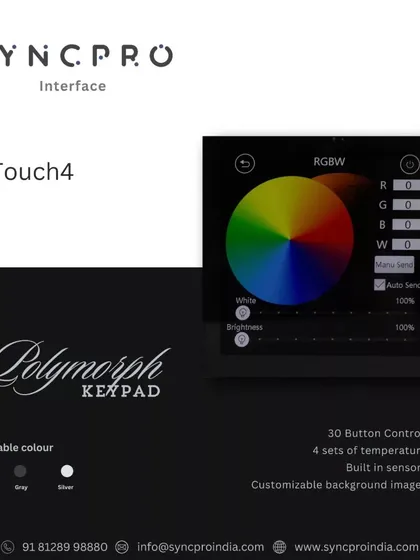 The Polymorph Keypad gives you detailed control over your environment. It features a full RGBW color wheel for lighting, 30 programmable buttons, and built-in sensors, all displayed on a screen with a customizable background.