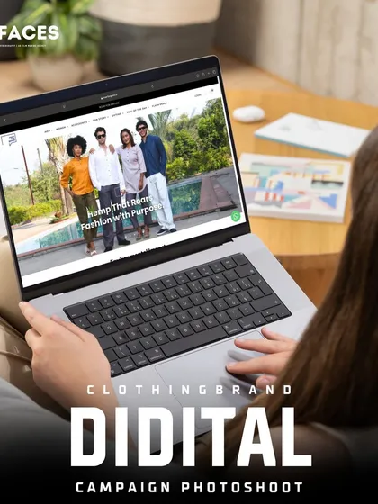 A person browsing a fashion website on a laptop, showing a group of models in a lifestyle setting. Our campaign images are designed to be versatile for use across homepages, social media, and ad banners.