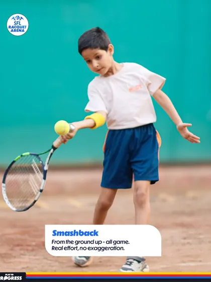 From the ground up, it's all game. This young player demonstrates real effort and solid fundamentals as he prepares to serve, embodying our "smashback" philosophy.