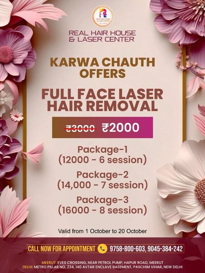 Prepare for Karwa Chauth with our full face laser hair removal offer. A single session is priced at ₹2,000, with packages available to help you achieve flawless skin for the festivities.