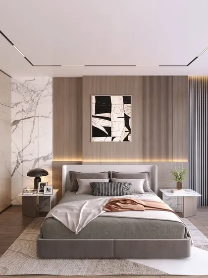 A proposed bedroom design that balances clean lines with warm textures. The combination of wood, marble, and high-gloss finishes creates a space that is both modern and timeless.