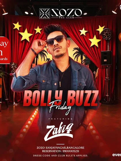 The flyer for a "Bolly Buzz" Friday at Zozo in Sanjaynagar, showing my reach across different parts of Bangalore.
