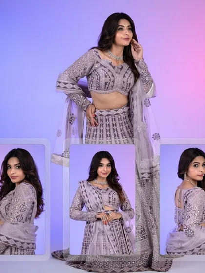 A collage of our lilac lehenga, showing it from all angles so you can see every gorgeous detail before you rent or buy.