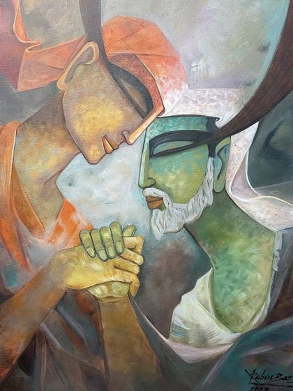 An untitled 24x30 inch acrylic on canvas painting showing a tender moment of connection between two figures.