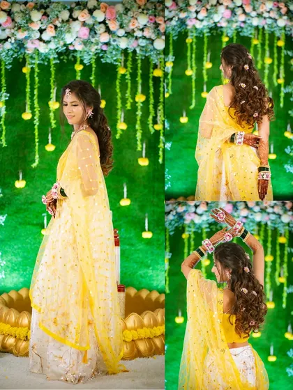 Capturing the bride's full Haldi look, from her flowing hair adorned with flowers to her elegant lehenga. These shots show the complete picture of her bridal style for the ceremony.