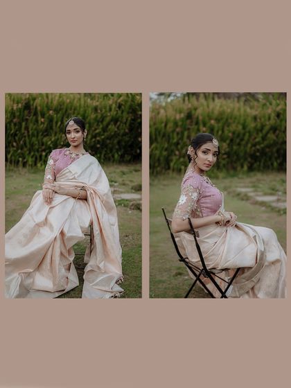 A two-panel image from an elegant ethnic wear session, showing both a wide shot and a seated pose. This format is great for lookbooks, displaying the outfit in different contexts.