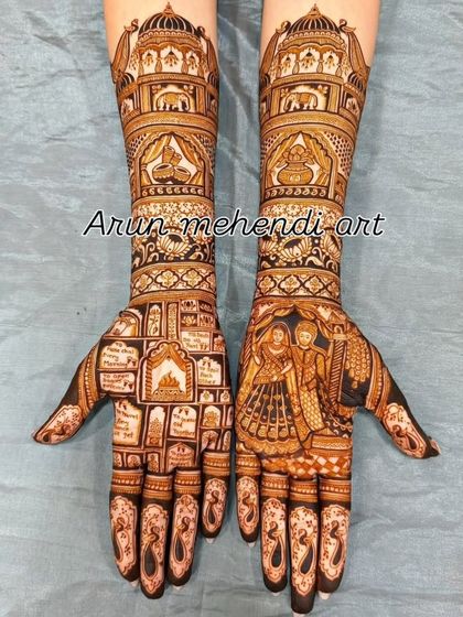 A unique design where one hand tells a story with a couple portrait, while the other features a grid of various wedding symbols.