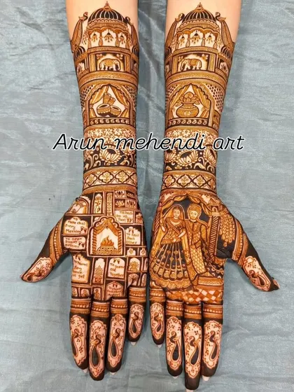 A unique design where one hand tells a story with a couple portrait, while the other features a grid of various wedding symbols.