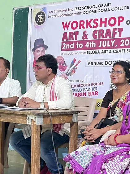 Seated with the organizers and faculty at a press interaction for the art and craft workshop at Doomdooma college. We discussed the importance of art education for all.