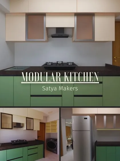 A collage of a modular kitchen concept, showing different views of the proposed layout and finishes.