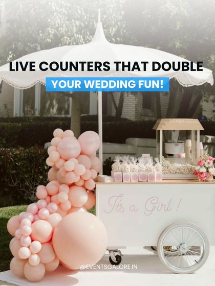 Live counters are more than just food, they're entertainment. This inspiration board shows how even a simple popcorn cart can be styled to become a beautiful decor element, especially for events like a baby shower.