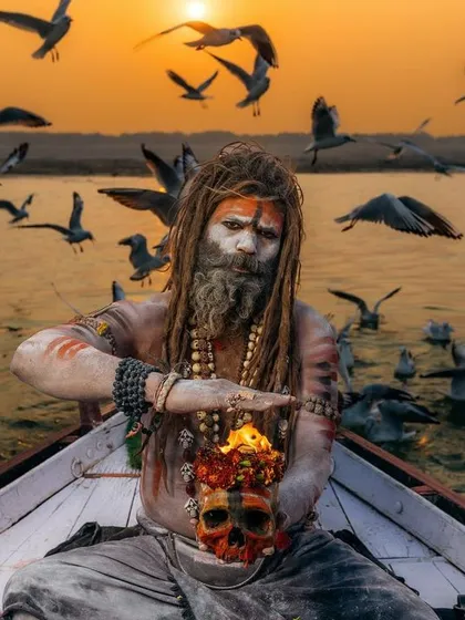 An Aghori sadhu on the Ganga river in Varanasi, surrounded by birds at sunset. This is a moment of pure spiritual energy, where the elements of fire, water, and life converge in a single, powerful frame.