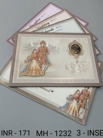 This invitation features a soft, muted illustration of a royal couple, giving it a vintage feel. The set includes three inserts for detailing your Mehendi, Wedding, and Reception.