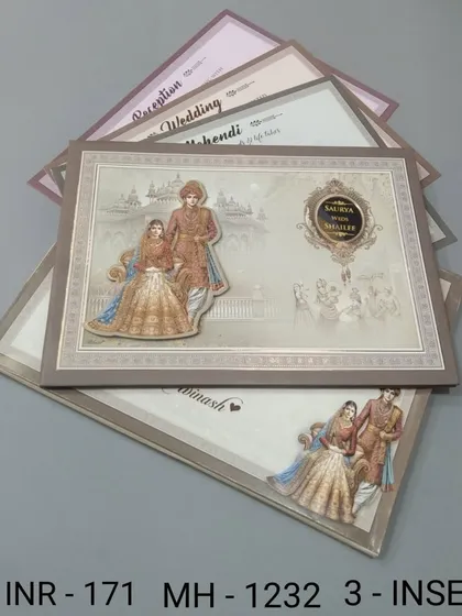 This invitation features a soft, muted illustration of a royal couple, giving it a vintage feel. The set includes three inserts for detailing your Mehendi, Wedding, and Reception.