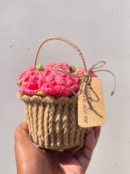 The rose basket, complete with a "handmade with love" tag. It's a sweet, self-contained gift that's ready to display.