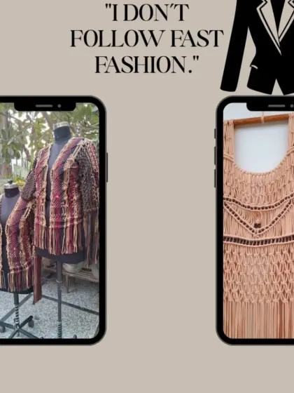 We believe in slow fashion over fast fashion. This image showcases a macramé jacket and vest, demonstrating the intricate knotting and fringing techniques that make our apparel timeless and sustainable.